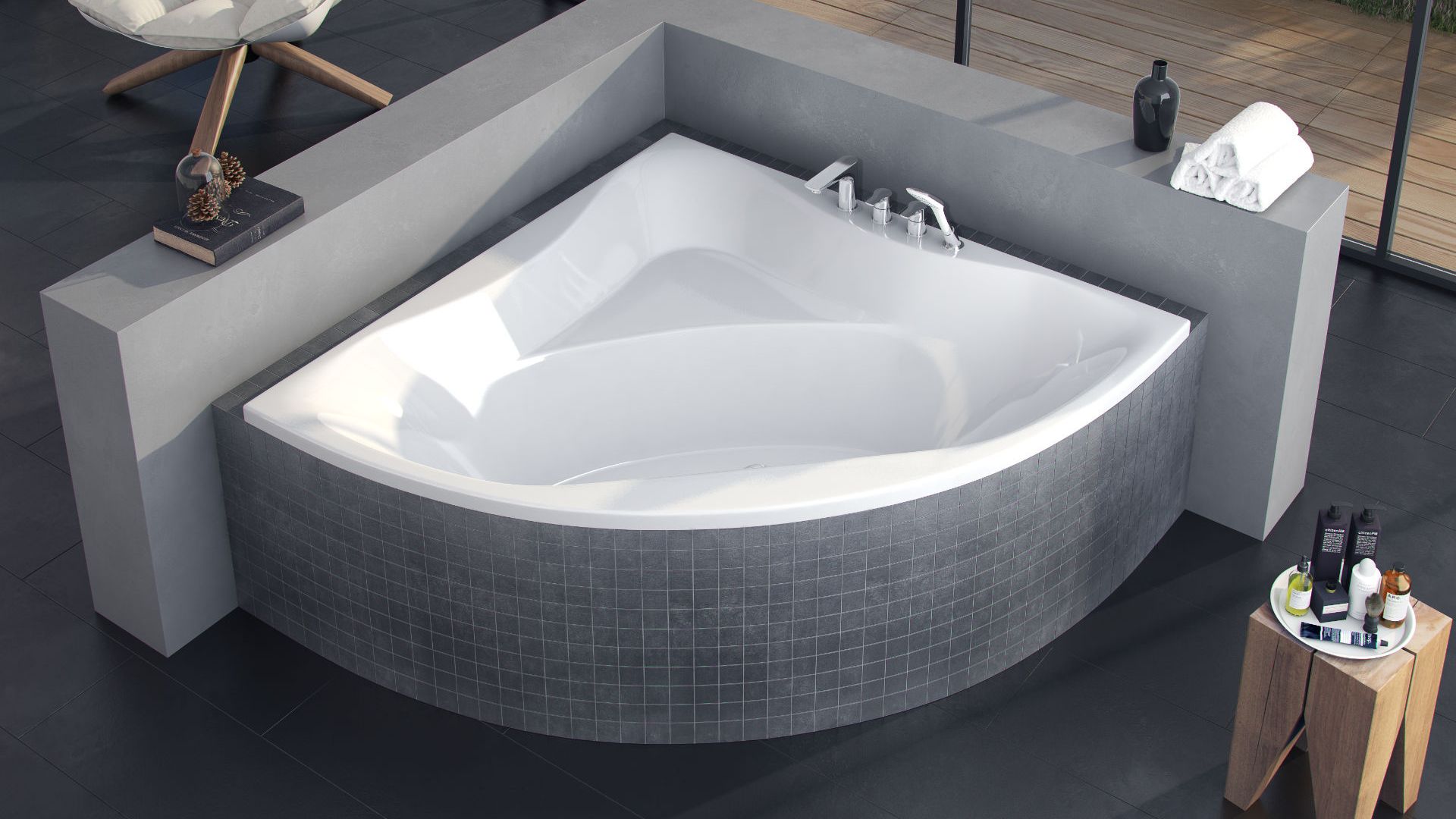 Glamour wanna narożna 140x140 cm, biały połysk