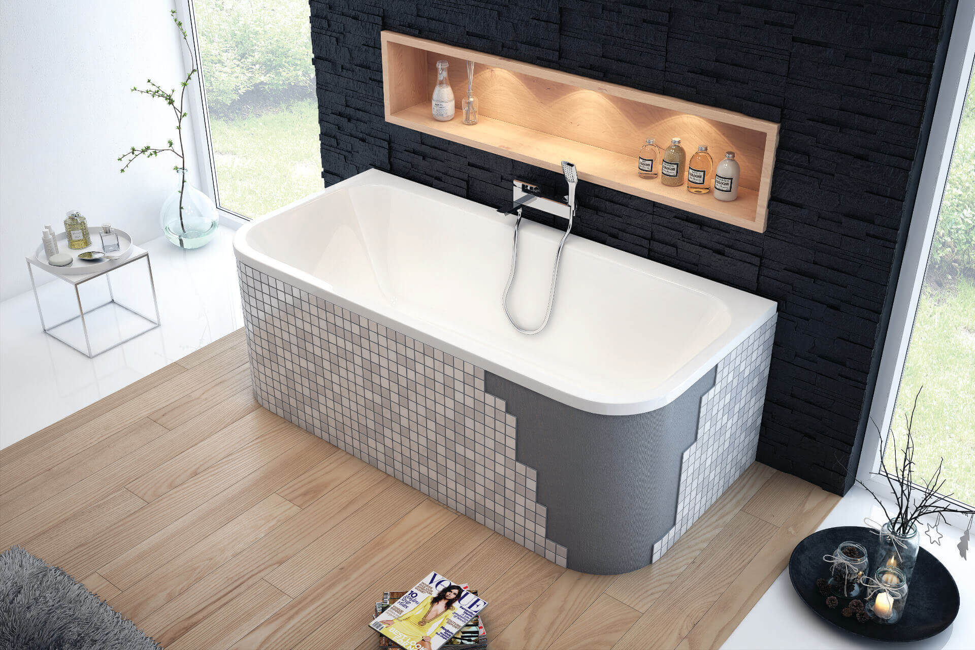 Wanna prostokątna Arana 180x85 bateria wannowa Pride chrom