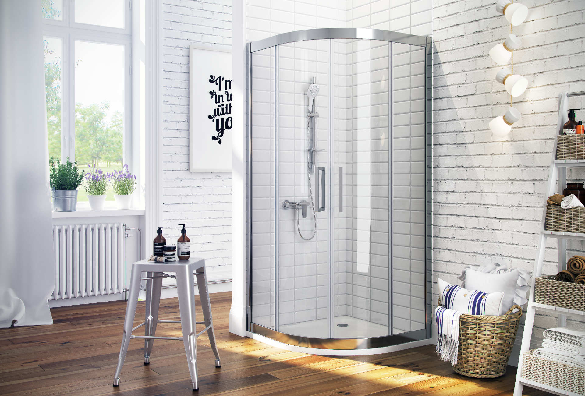 Seria 600 kabina półokrągła 90x90 cm drzwi przesuwne, Clean Control, chrom