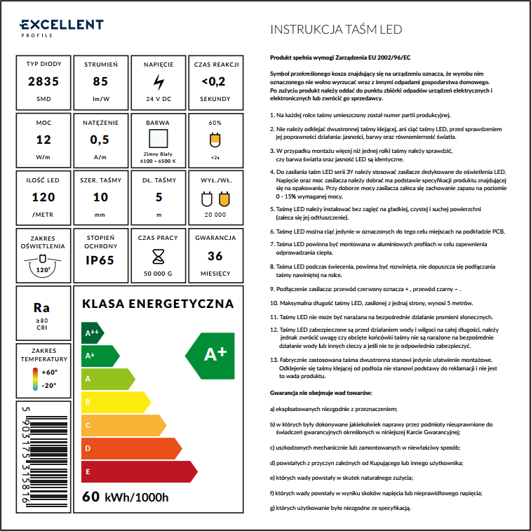 Taśma LED wodoodporna IP65, 120 LED/m napięcie 24V, moc 12W/m, biała zimna, 5m