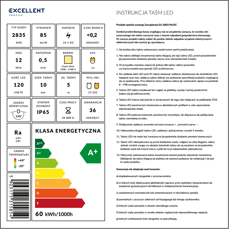 Taśma LED wodoodporna IP65, 120 LED/m napięcie 24V, moc 12W/m, biała ciepła, 5m
