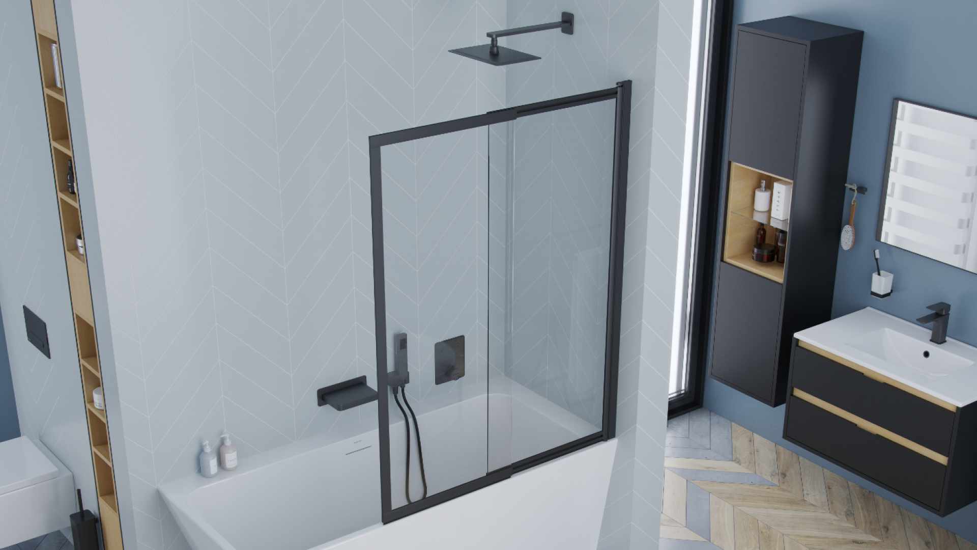 Krotos zestaw prysznicowo-wannowy podtynkowy z deszczownicą 20x30cm 3 funkcyjny, czarny mat