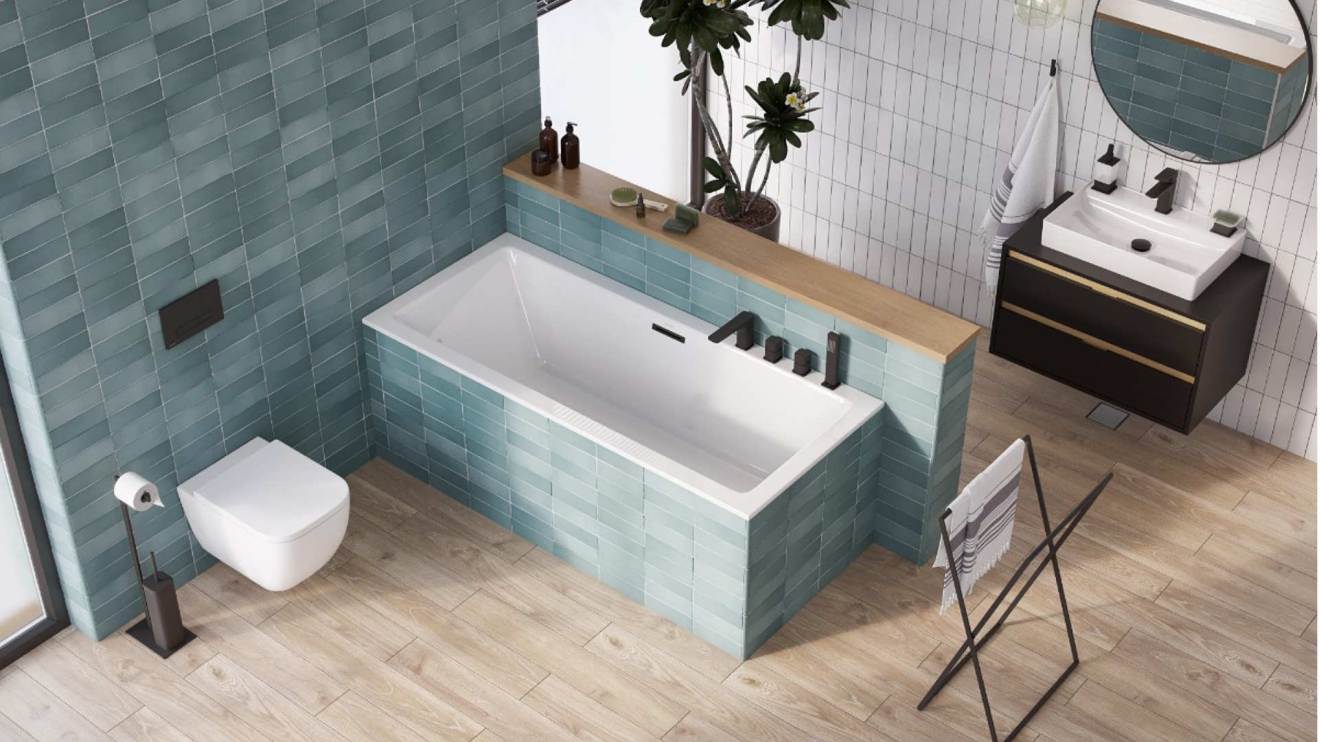 Heaven wanna prostokątna 160x75 cm z zestawem odpływowo-przelewowym Flow, czarny mat