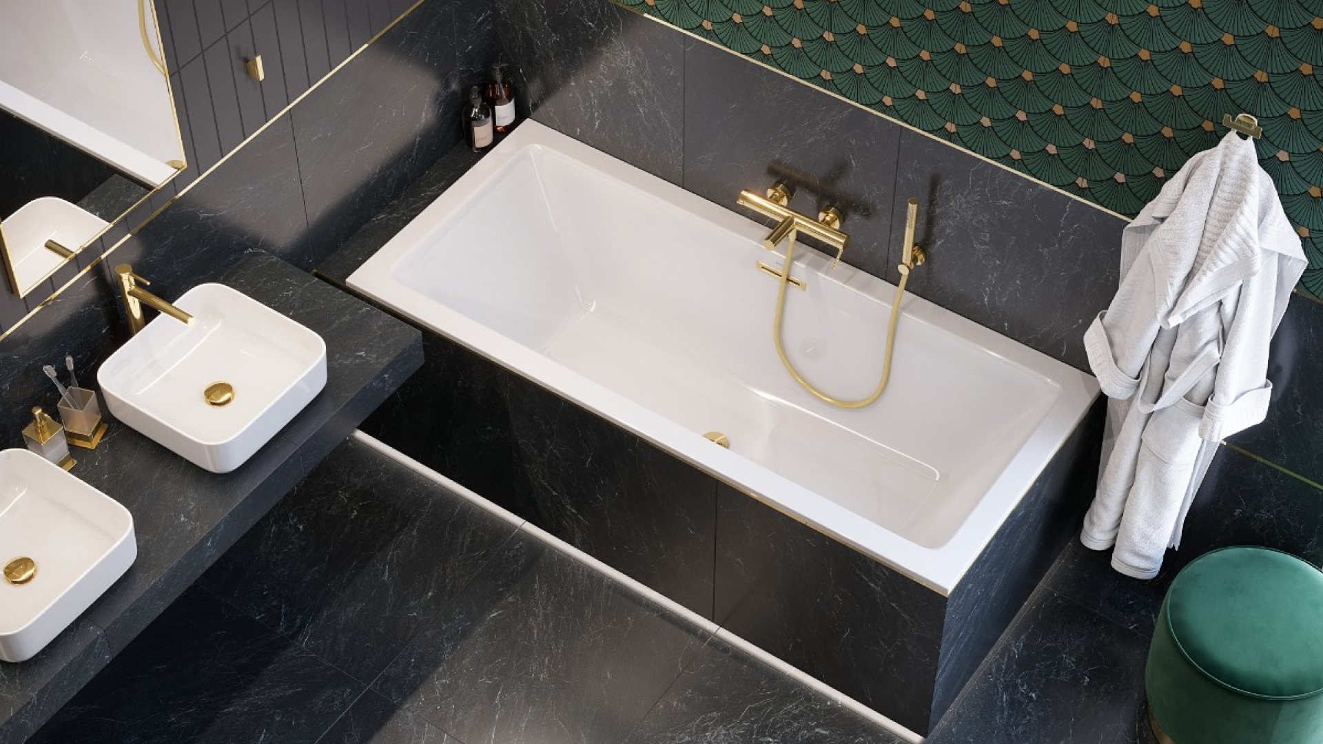 Heaven wanna prostokątna 180x80 cm z zestawem odpływowo-przelewowym Flow, złoty połysk