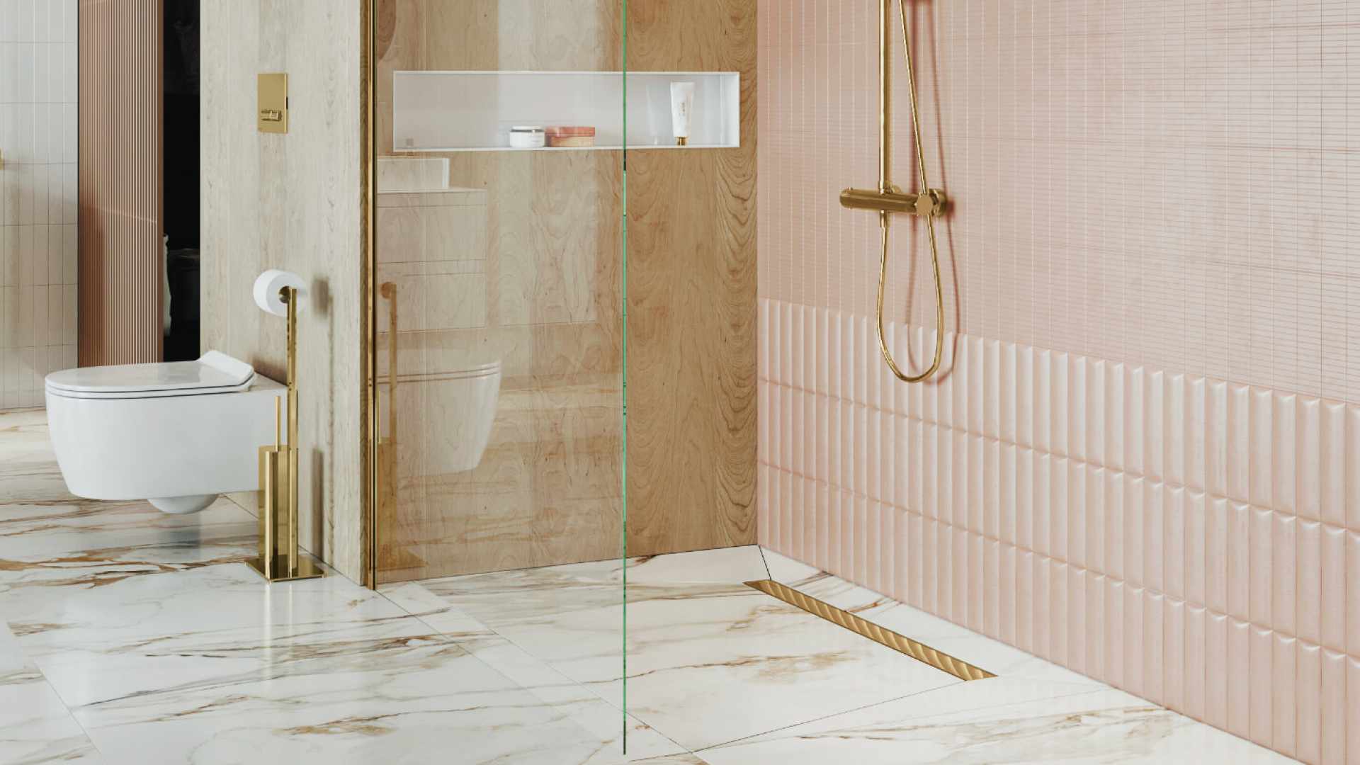 Stilio odpływ liniowy 80 cm z kołnierzem ruszt dekoracyjny, złoty połysk