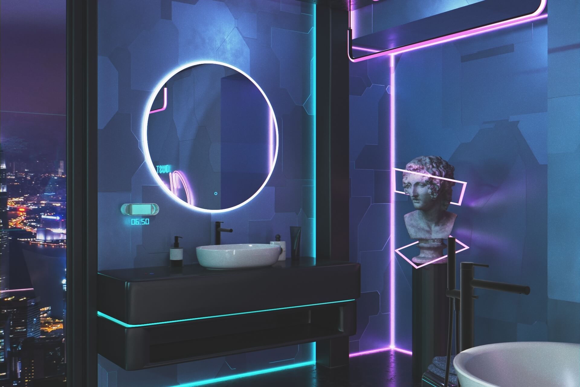 Lumiro lustro łazienkowe 60 cm okrągłe oświetlenie LED mata grzewcza, rama akrylowa CYBERPUNK