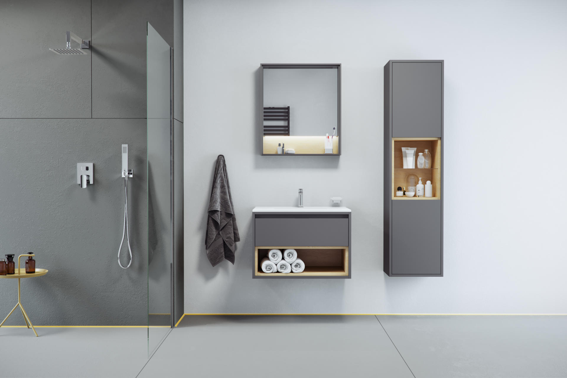 Tuto szafka boczna wisząca wysoka Excellent szary/dąb komplet