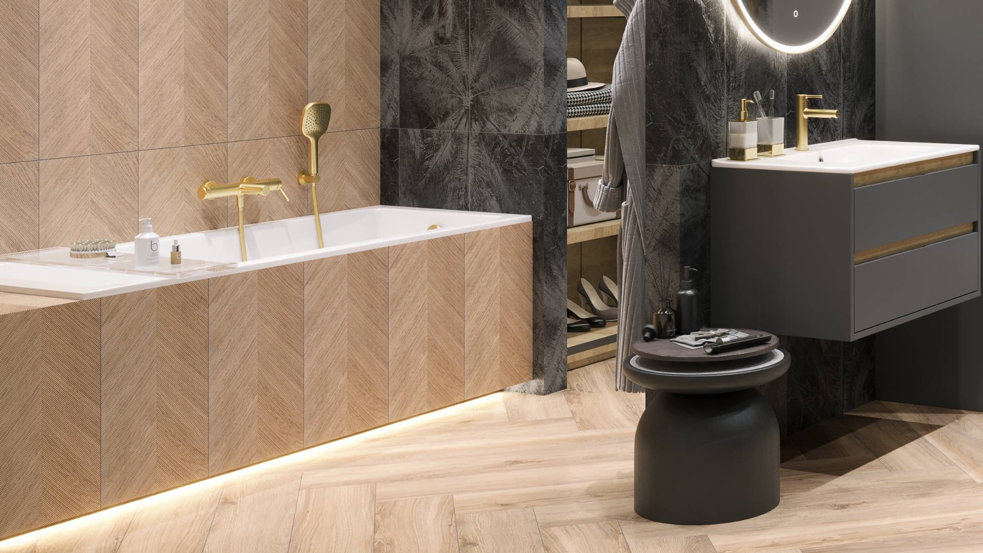 PI bateria wannowo-prysznicowa, złoty szczotkowany