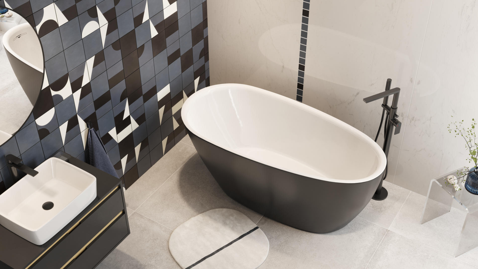 Olia 2.0 Wanna wolnostojąca 160 x 75 biały połysk/czarny mat
