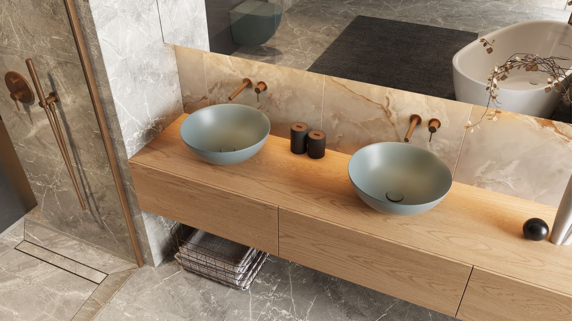 Design Korek klik-klak umywalkowo bidetowy, korpus miedziany szczotkowany, pokrywa ceramiczna mint blue mat