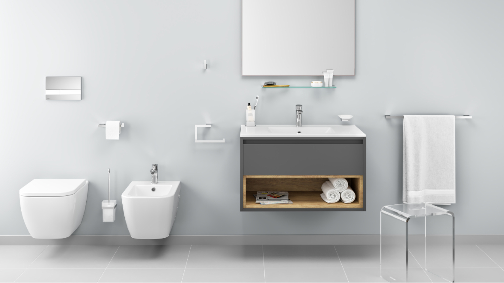 Tuto szafka 60 cm wisząca, 1 szuflada, z umywalką As, szary/dąb