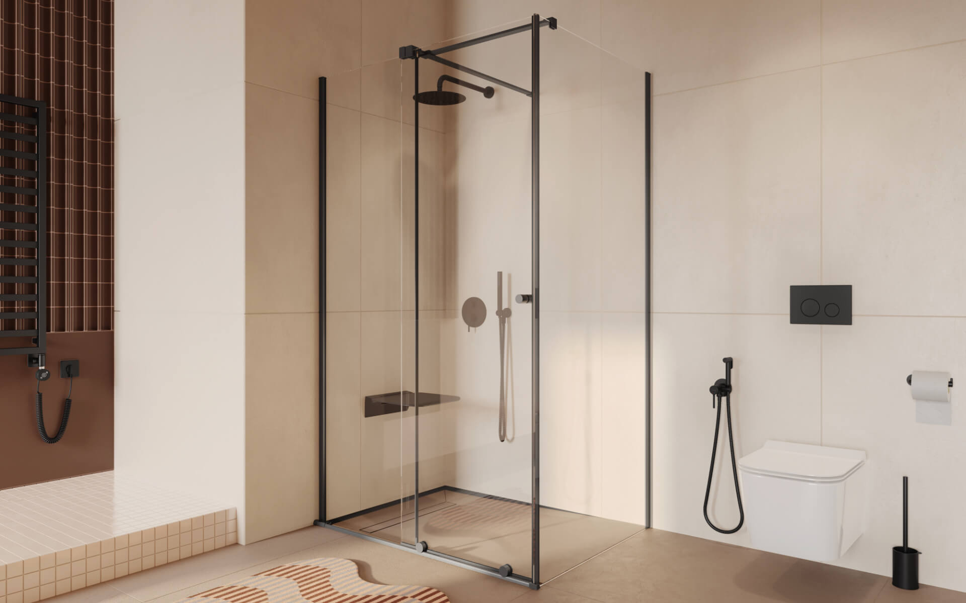 Ortigo kabina prostokątna narożna 140x90 cm, drzwi przesuwne, powłoka Clean Control, czarny mat