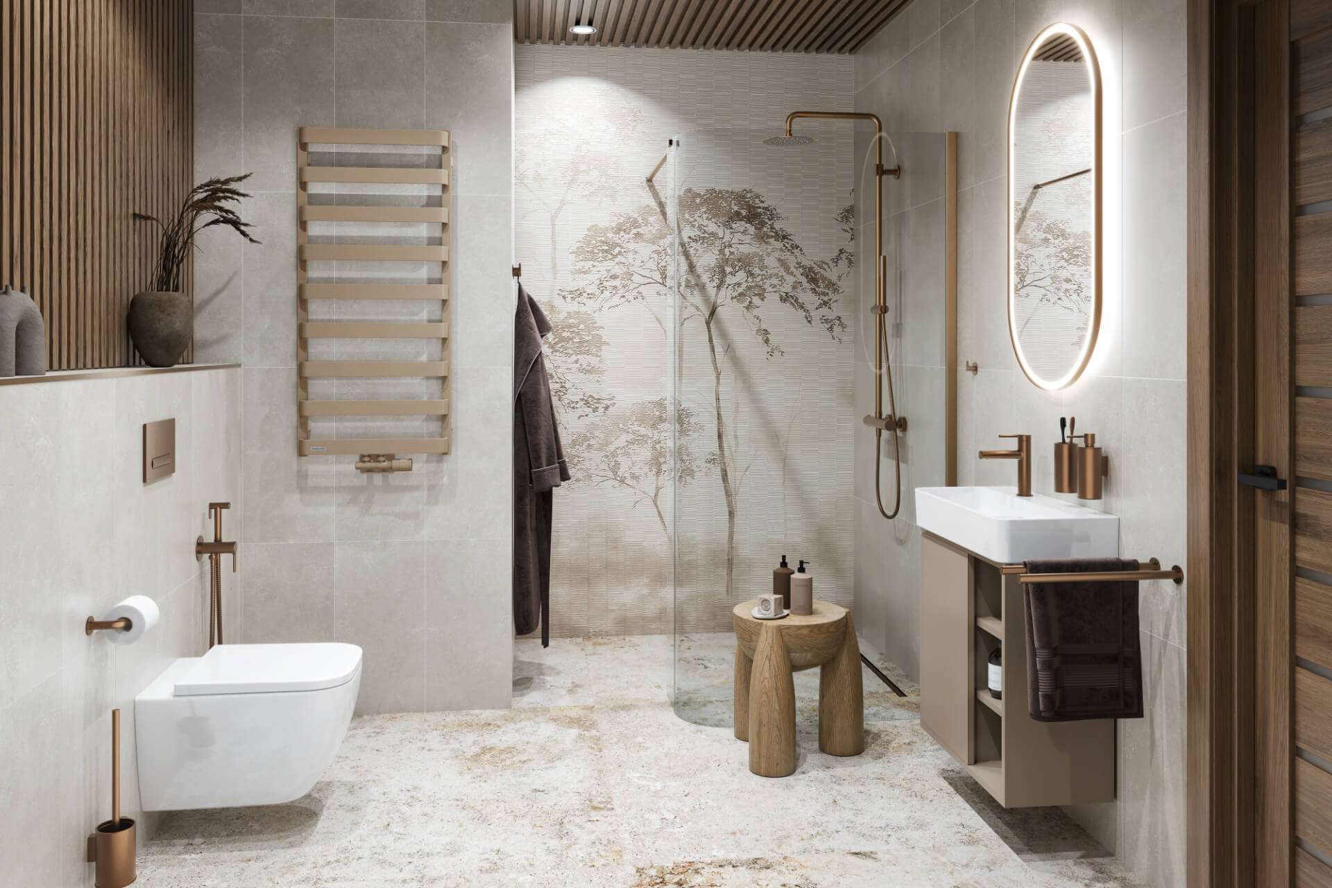 Vidoq walk-in ścianka prysznicowa gięta 93x200 cm, powłoka Clean Control, miedziany szczotkowany