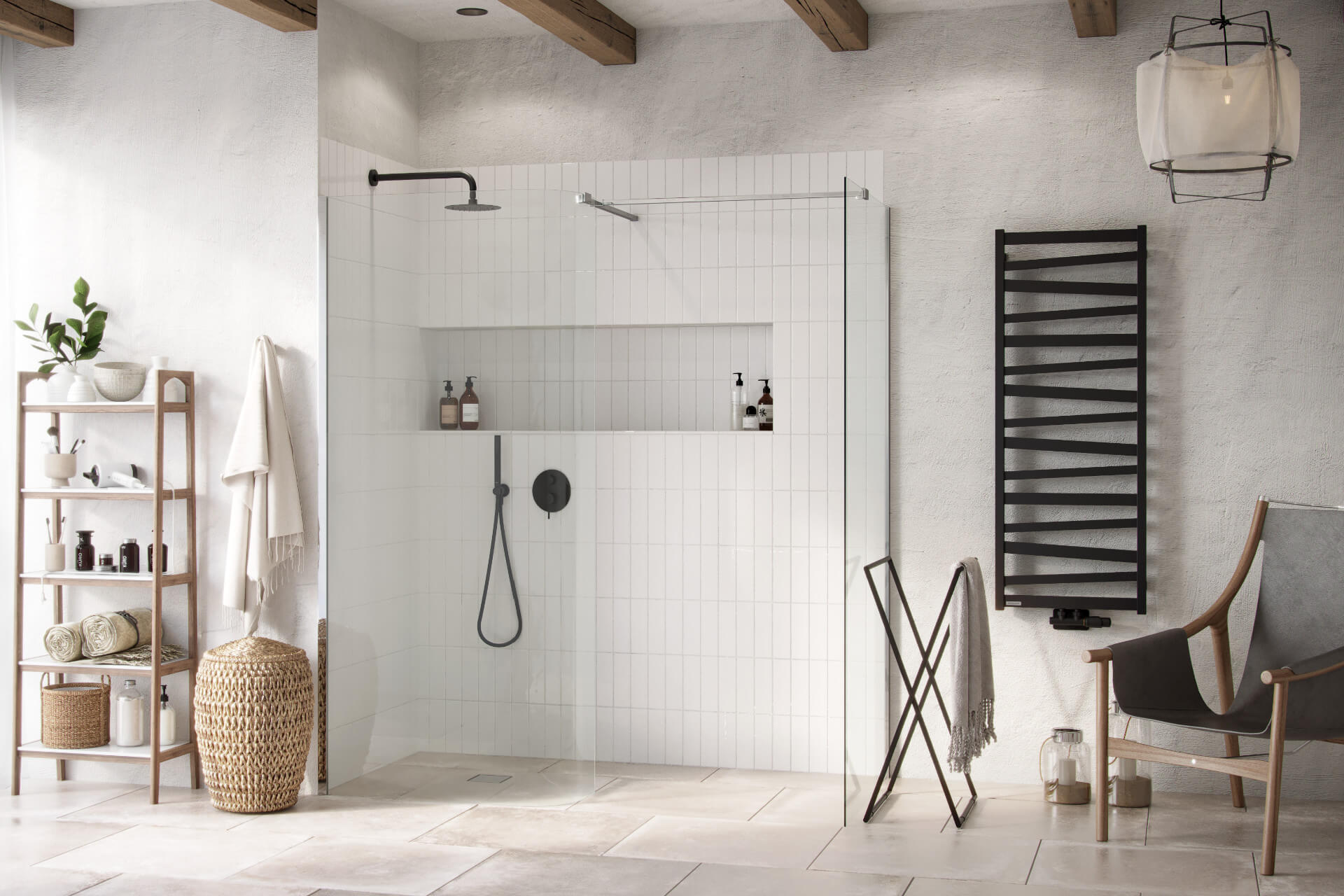 Vidoq walk-in kabina prysznicowa gięta, ścianka prosta 120cm, ścianka gięta 83cm, powłoka Clean Control, chrom