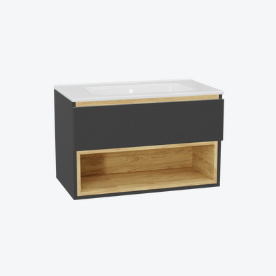 Tuto 2.0 szafka wisząca 80 cm 1 szuflada front gładki niski, umywalka Pik, szary/szary