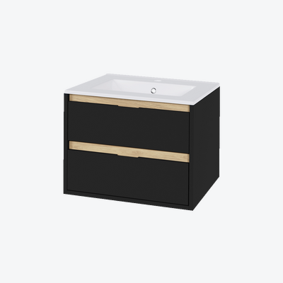 Tuto szafka 60 cm wisząca, 2 szuflady, z umywalką As, czarny mat/dąb Excellent