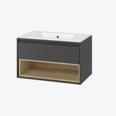 Tuto szafka 80 cm, wisząca, 1 szuflada, z umywalką As, szary/dąb