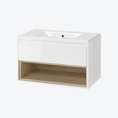 Tuto szafka 80 cm wisząca, 1 szuflada, z umywalką As, biały połysk/dąb