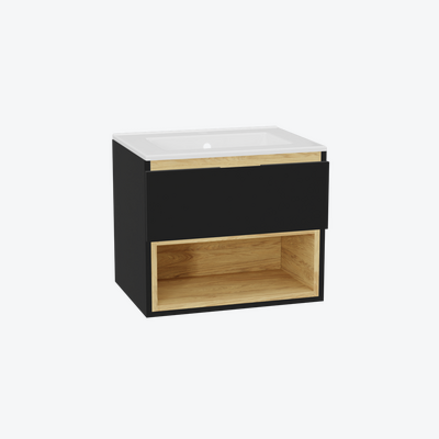 Tuto 2.0 szafka wisząca 60 cm 1 szuflada front gładki niski, umywalka As, czarny mat/ czarny mat