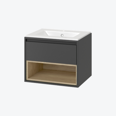 Tuto szafka 60 cm wisząca, 1 szuflada, z umywalką As, szary/dąb Excellent