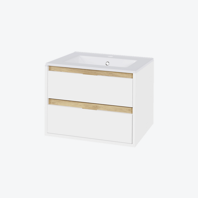 Tuto szafka 60 cm wisząca, 2 szuflady, z umywalką As, biały połysk/dąb Excellent