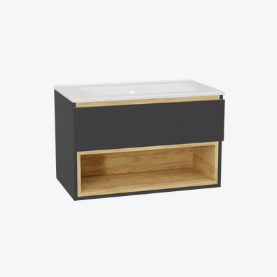 Tuto 2.0 szafka wisząca 80 cm 1 szuflada front gładki niski, umywalka As, szary/szary