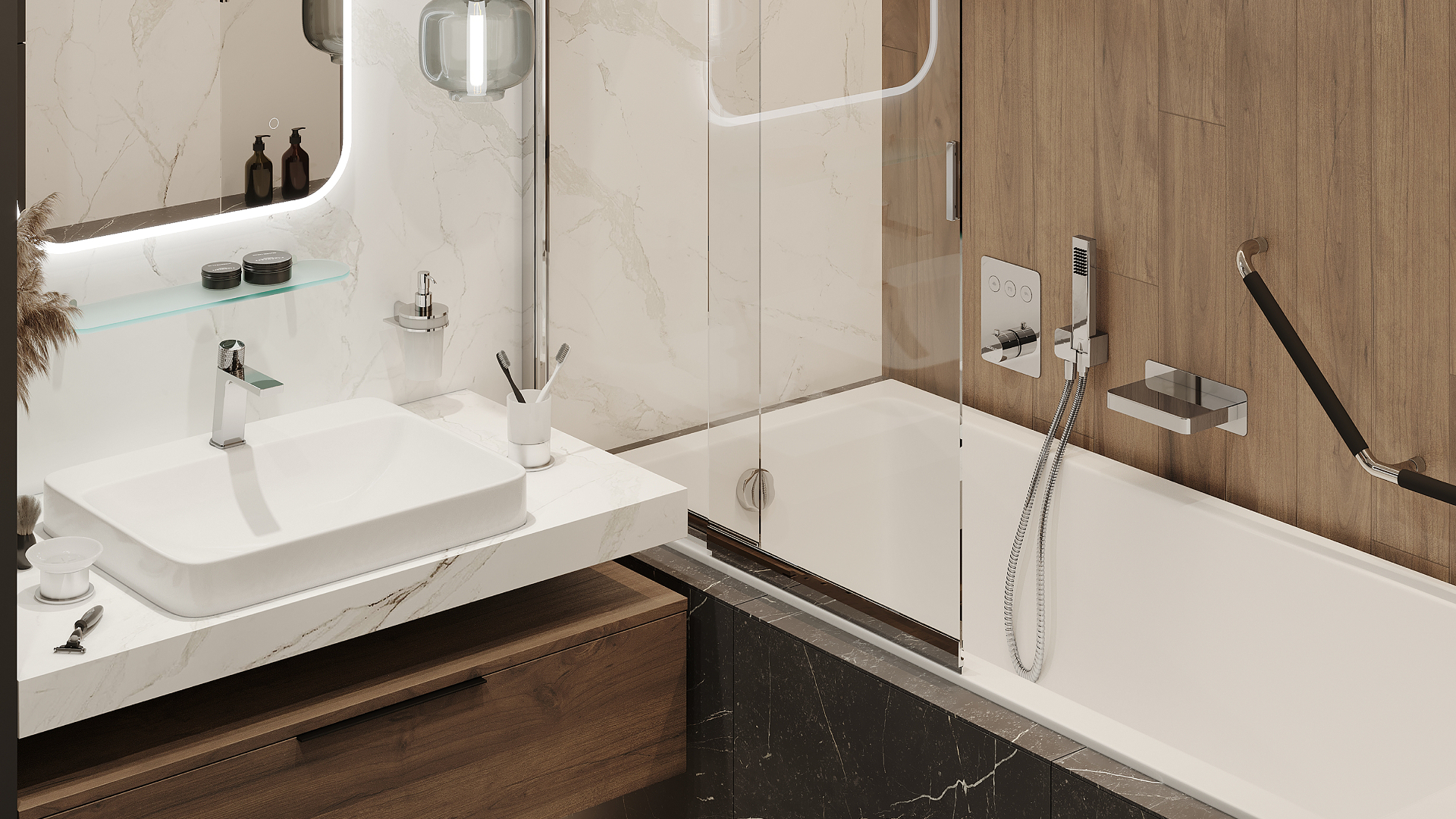 Krotos zestaw prysznicowo-wannowy podtynkowy z deszczownicą 20x30cm 3 funkcyjny, chrom