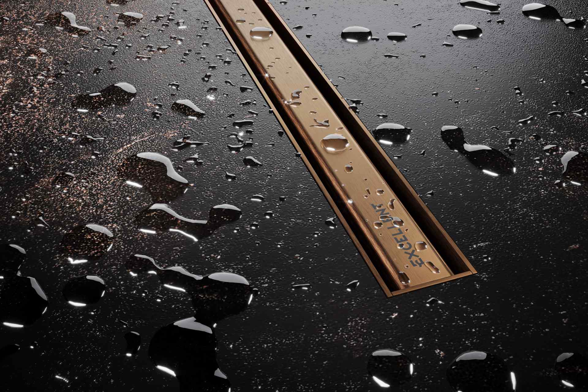 Stilio Slim odpływ liniowy 90 cm, baza z syfonem, mankiet uszczelniający, ruszt dekoracyjny, miedziany szczotkowany