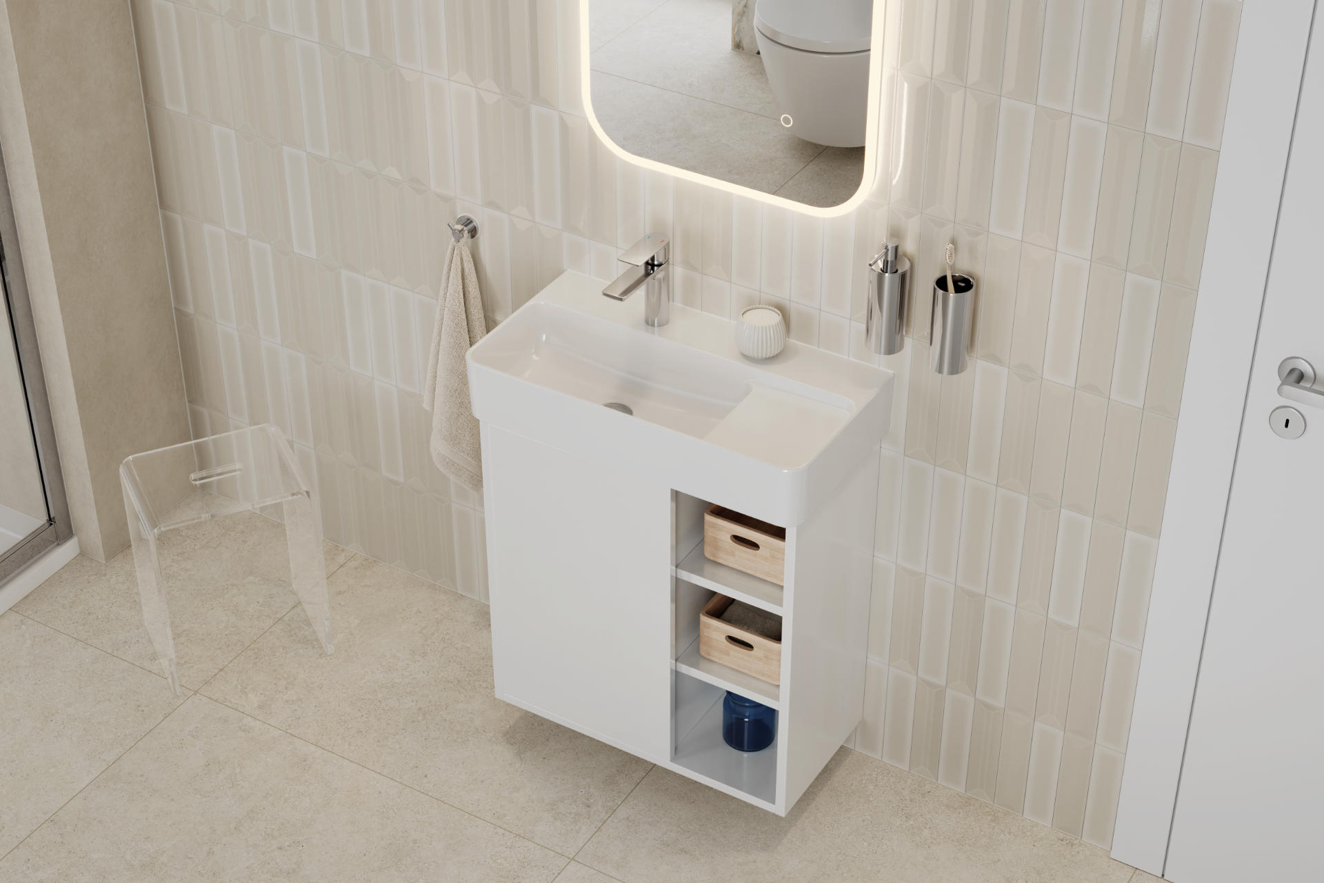 Ness szafka wisząca 57 cm, podumywalkowa, lakierowana, umywalka Ness, biały połysk/biały połysk