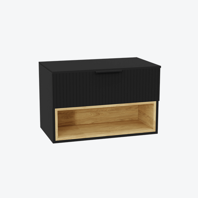 Tuto 2.0 szafka wisząca 80 cm 1 szuflada front ryflowany, blat czarny lakierowany, czarny mat/ czarny mat