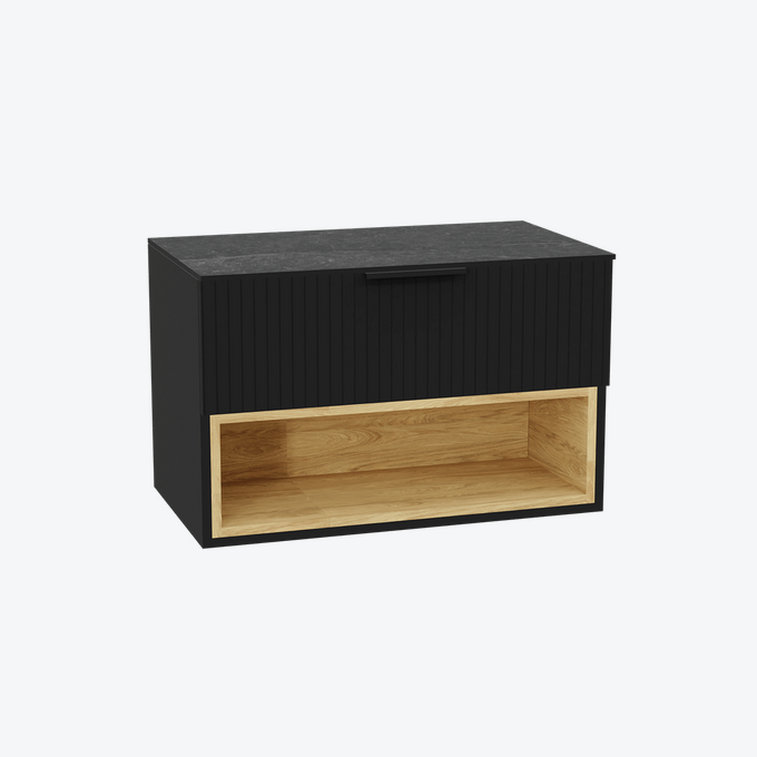 Tuto 2.0 szafka wisząca 80 cm 1 szuflada front ryflowany, blat marmur, czarny mat/ czarny mat