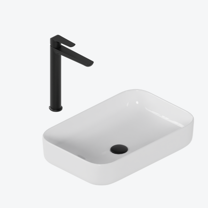 Zestaw promocyjny Cori 2.0 58x38 z baterią umywalkową wysoką Clever 2.0 czarny soft, korek klik-klak, czarny